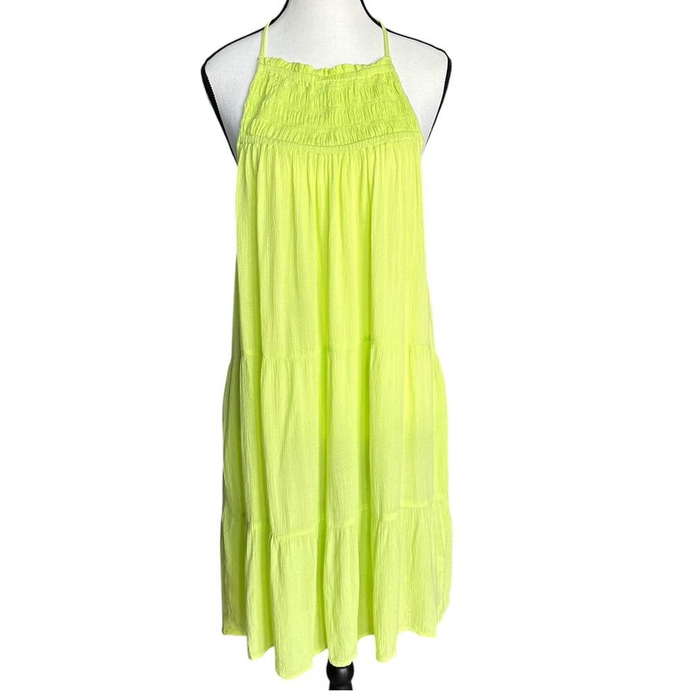 Elan Neon Lime Green Smocked Halter Tiered Midi Dress Backless Boho M NWT